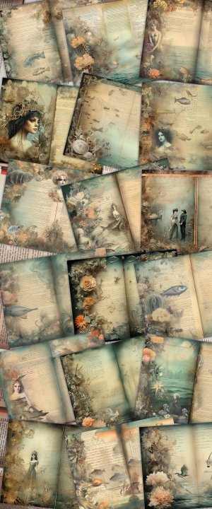 18 Pages of Cursed Ocean Haunted Underwater Collage Under The Sea, Muted Colors, Shabby Chic Ephemera, Scrapbooking Backgrounds