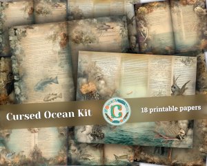 18 Pages of Cursed Ocean Haunted Underwater Collage Under The Sea, Muted Colors, Shabby Chic Ephemera, Scrapbooking Backgrounds