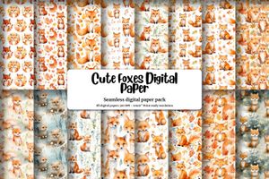 Watercolor Cartoon Cute Foxes Digital Paper with Seamless Texture - High-Quality Cute Foxes Pattern for Digital Projects - Instant Download