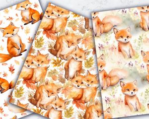 Watercolor Cartoon Cute Foxes Digital Paper with Seamless Texture - High-Quality Cute Foxes Pattern for Digital Projects - Instant Download