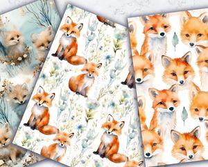 Watercolor Cartoon Cute Foxes Digital Paper with Seamless Texture - High-Quality Cute Foxes Pattern for Digital Projects - Instant Download