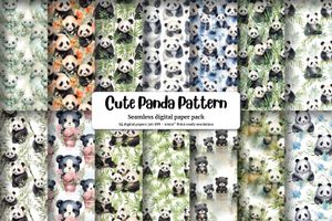 Watercolor Cute Pandas Digital Paper Set - Seamless Texture - Instant Download - Scrapbooking - Card Making - Printable Pattern - DIY Crafts