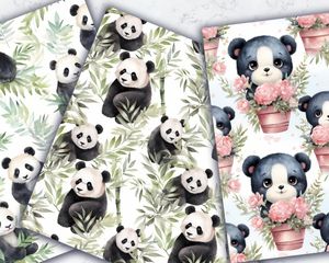 Watercolor Cute Pandas Digital Paper Set - Seamless Texture - Instant Download - Scrapbooking - Card Making - Printable Pattern - DIY Crafts