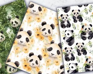 Watercolor Cute Pandas Digital Paper Pack | Seamless Texture | Printable Clipart | Instant Download | Scrapbooking Supplies | DIY Crafts