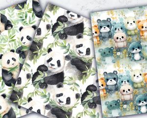 Watercolor Cute Pandas Digital Paper Pack | Seamless Texture | Printable Clipart | Instant Download | Scrapbooking Supplies | DIY Crafts