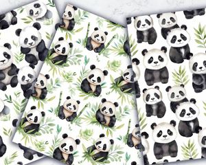 Watercolor Cute Pandas Digital Pattern Paper | Seamless Texture Set for Crafts, Scrapbooking, Cardmaking | Instant Download Printable Art