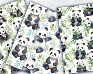 Watercolor Cute Pandas Digital Pattern Paper | Seamless Texture Set for Crafts, Scrapbooking, Cardmaking | Instant Download Printable Art