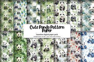 Watercolor Cute Pandas Digital Paper Set with Seamless Texture - High-Quality Printable Pattern for Scrapbooking, Crafts, and More