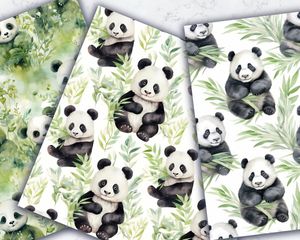 Watercolor Cute Pandas Digital Paper Set with Seamless Texture - High-Quality Printable Pattern for Scrapbooking, Crafts, and More