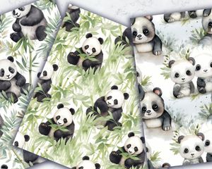 Watercolor Cute Pandas Digital Paper Set with Seamless Texture - High-Quality Printable Pattern for Scrapbooking, Crafts, and More