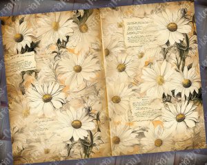 Watercolor Illustration Lined Paper with Daisies, Floral Theme - Vintage Flowers Wallpaper for Junk Journal, High Quality, High Detailed