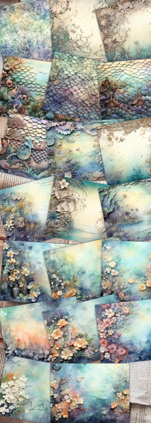 20 Pages of Deep Waters Background Digital Junk Journal Kit Underwater Paper, Shabby Chic Ephemera for Scrapbooking, Invitations