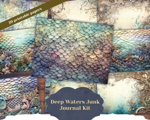 20 Pages of Deep Waters Background Digital Junk Journal Kit Underwater Paper, Shabby Chic Ephemera for Scrapbooking, Invitations