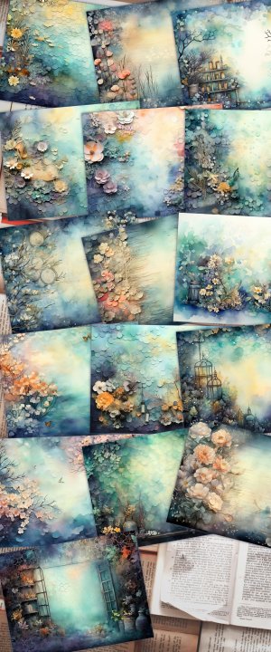 16 pages of Deep Waters Background shabby chic ephemera scrapbooking, watercolor illustration, perfect for invitations, digital planners