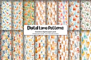 Watercolor Lamas Digital Paper Seamless Pattern Set for Scrapbooking, Crafts, and DIY Projects - Instant Download - Commercial Use Friendly