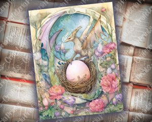 Dragon Junk Journal Page, Fantasy Enchanted Forest Wildflowers, Dragon Eggs, Watercolor Fairytale Design, Detailed and Sharp, Old Rice Paper