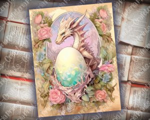 Dragon Junk Journal Page, Fantasy Enchanted Forest Wildflowers, Dragon Eggs, Watercolor Fairytale Design, Detailed and Sharp, Old Rice Paper