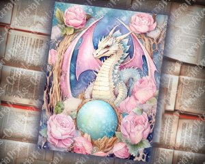 Dragon Junk Journal Page, Fantasy Enchanted Forest Wildflowers, Dragon Eggs, Watercolor Fairytale Design, Detailed and Sharp, Old Rice Paper