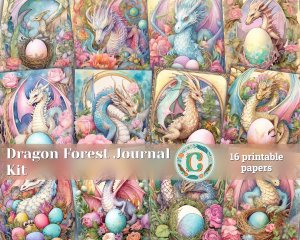 Dragon Junk Journal Page, Fantasy Enchanted Forest Wildflowers, Dragon Eggs, Watercolor Fairytale Design, Detailed and Sharp, Old Rice Paper