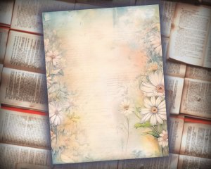 16 papers | Dusty Daisies Fairy Tale Watercolor Scrapbooking Papers, Pastel Shabby Chic Ephemera Printable Pages, Junk Journal Kit