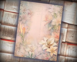 20 Papers | Dusty Lilies Shabby Chic Ephemera Scrapbooking Kit, Pastel Fairytale Watercolor Printable Papers, Junk Journaling Essentials