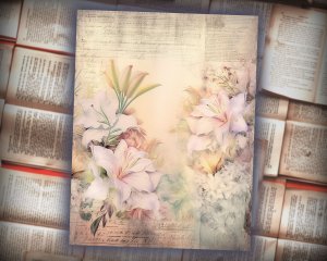 20 Papers | Dusty Lilies Shabby Chic Ephemera Scrapbooking Kit, Pastel Fairytale Watercolor Printable Papers, Junk Journaling Essentials