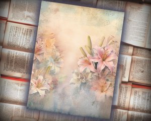 20 Papers | Dusty Lilies Shabby Chic Ephemera Scrapbooking Kit, Pastel Fairytale Watercolor Printable Papers, Junk Journaling Essentials