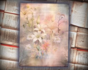 20 Papers | Dusty Lilies Shabby Chic Ephemera Scrapbooking Kit, Pastel Fairytale Watercolor Printable Papers, Junk Journaling Essentials