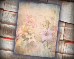 20 Papers | Dusty Lilies Shabby Chic Ephemera Scrapbooking Kit, Pastel Fairytale Watercolor Printable Papers, Junk Journaling Essentials