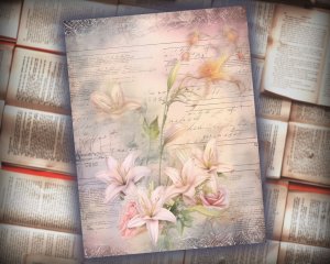 20 Papers | Dusty Lilies Shabby Chic Ephemera Scrapbooking Kit, Pastel Fairytale Watercolor Printable Papers, Junk Journaling Essentials