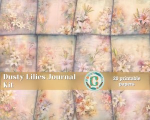 20 Papers | Dusty Lilies Shabby Chic Ephemera Scrapbooking Kit, Pastel Fairytale Watercolor Printable Papers, Junk Journaling Essentials