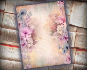 16 papers | Dusty Orchids Fairy Tale Watercolor Illustration, Shabby Chic Ephemera for Scrapbooking and Journaling, Junk Journal Kit