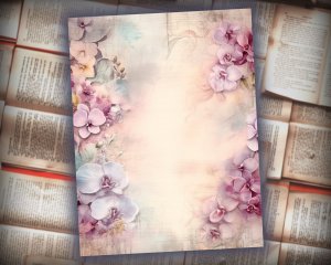 16 papers | Dusty Orchids Fairy Tale Watercolor Illustration, Shabby Chic Ephemera for Scrapbooking and Journaling, Junk Journal Kit