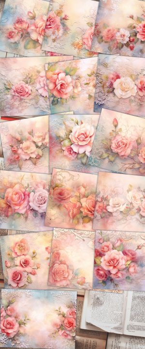 16 papers | Dusty Roses Scrapbooking Kit | Printable Pages with Intricate Illustrations and Pastel Colors | Shabby Chic Journaling Kit