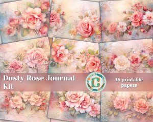 16 papers | Dusty Roses Scrapbooking Kit | Printable Pages with Intricate Illustrations and Pastel Colors | Shabby Chic Journaling Kit