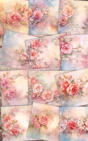 12 papers | Dusty Roses Scrapbooking Kit | Shabby Chic Printable Pages | Fairy Tale Watercolor Illustrations | Intricate Details