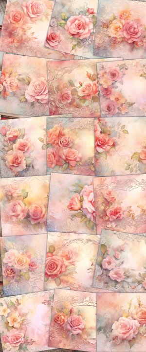 18 Papers | Dusty Roses Illustration Background | Pastel Colors | Fairy Tale Watercolor | Shabby Chic Ephemera | Scrapbooking Kit