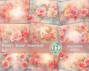 18 Papers | Dusty Roses Illustration Background | Pastel Colors | Fairy Tale Watercolor | Shabby Chic Ephemera | Scrapbooking Kit