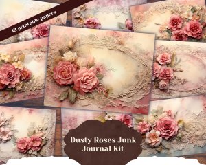 Dusty Roses Vintage Lace Digital Junk Journal Background - Collage Printable, Digital Kit for Scrapbooking, Invitations, Planners