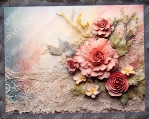 Dusty Roses Digital Junk Journal Background with Vintage Lace and Applique Collage - Printable Digital Kit for Scrapbooking, Invitations