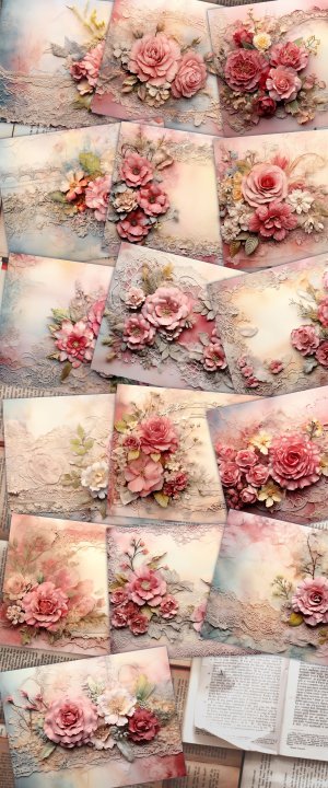 Dusty Roses Digital Junk Journal Background with Vintage Lace and Applique Collage - Printable Digital Kit for Scrapbooking, Invitations