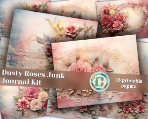 Dusty Roses Digital Junk Journal Background with Vintage Lace and Applique Collage - Printable Digital Kit for Scrapbooking, Invitations