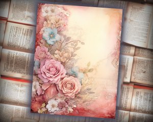 16 papers | Dusty Roses Fairy Tale Watercolor Illustration Background for Scrapbooking, Junk Journaling Kit, Shabby Chic Designs