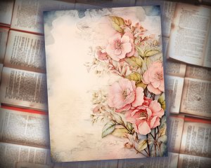 16 papers | Dusty Roses Fairy Tale Watercolor Illustration Background for Scrapbooking, Junk Journaling Kit, Shabby Chic Designs