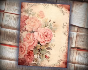 16 papers | Dusty Roses Fairy Tale Watercolor Illustration Background for Scrapbooking, Junk Journaling Kit, Shabby Chic Designs