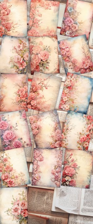 16 papers | Dusty Roses Fairy Tale Watercolor Illustration Background for Scrapbooking, Junk Journaling Kit, Shabby Chic Designs