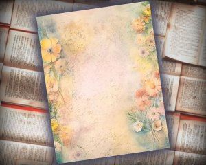 16 papers | Dusty Sunflower and Tulip Fairy Tale Watercolor Illustration, Pastel Shabby Chic Ephemera for Scrapbooking, Journaling