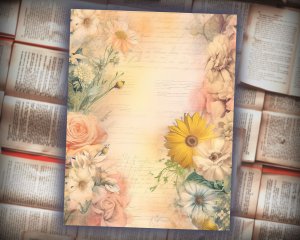 16 papers | Dusty Sunflower and Tulip Fairy Tale Watercolor Illustration, Pastel Shabby Chic Ephemera for Scrapbooking, Journaling