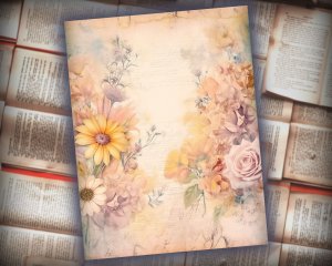 16 papers | Dusty Sunflower and Tulip Fairy Tale Watercolor Illustration, Pastel Shabby Chic Ephemera for Scrapbooking, Journaling