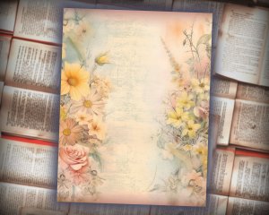 16 papers | Dusty Sunflower and Tulip Fairy Tale Watercolor Illustration, Pastel Shabby Chic Ephemera for Scrapbooking, Journaling